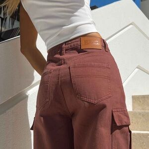 Princess Polly Addy Wide Leg Cargo Jeans Burgundy